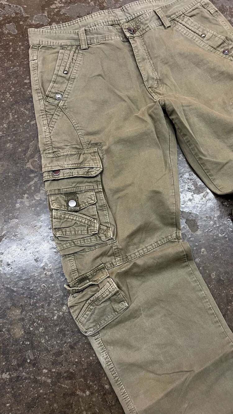 Y2K Streetwear Cargo Pants Size 34 Olive Green Multi-Pocket - Picture 2 of 8